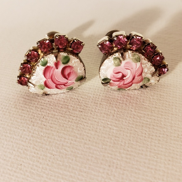 Vintage 1940s Rose Rhinestone Earrings - Picture 1 of 5